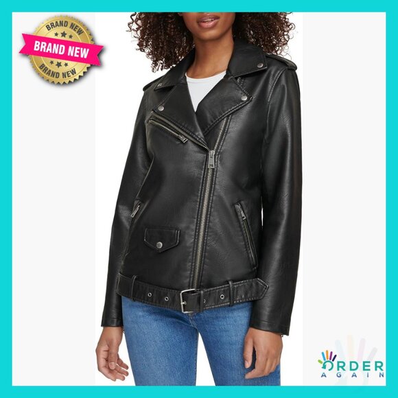 Oversized Faux Leather Motorcycle Jacket Vintage Aviator Style Belted Zipper